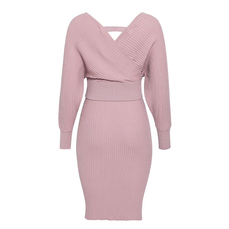 Deep V-neck Elegant Sweater and Bodycon Midi Dresses Two-piece Set