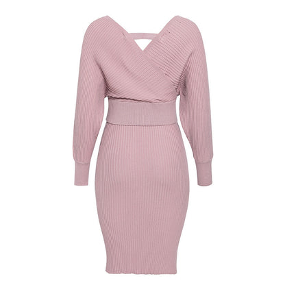 Deep V-neck Elegant Sweater and Bodycon Midi Dresses Two-piece Set