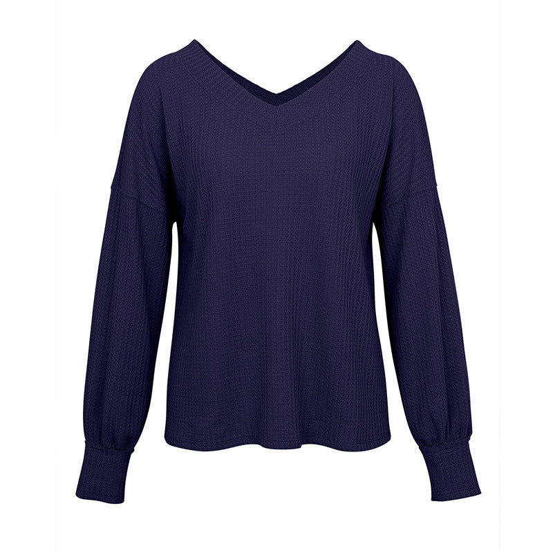V-neck Waffle Strapless Shoulder Lantern Long Sleeve T-shirt Sweater