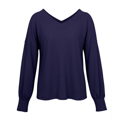 V-neck Waffle Strapless Shoulder Lantern Long Sleeve T-shirt Sweater