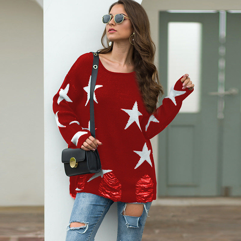 Star Pattern Round Neck Hole Sweater