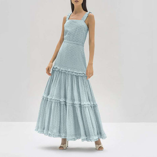 Hollow Lace Ruffle Stitching Strap Bodycon Evening Maxi Dresses