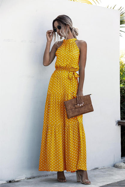 Yellow Wave Bohemian Boho Printed Hanging Neck Straps Maxi Dresses