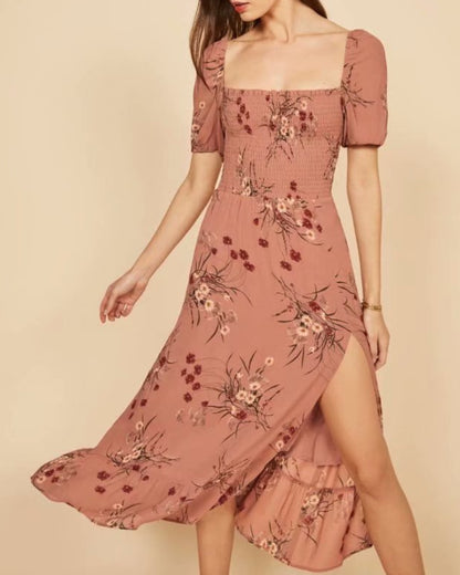 Backless Square Collar Elastic Waist Floral Midi Dresses