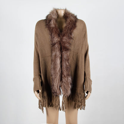 Tassel Fringed Cloak Shawl Fur Collar Sweater Cape Cardigans