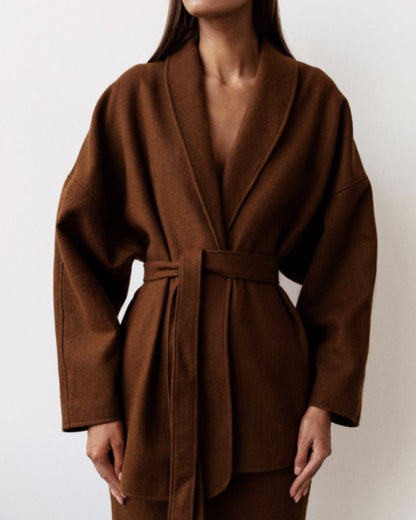 Woolen Lace-up Blazers Outerwear Skirt Midi Dresses Two-piece Set