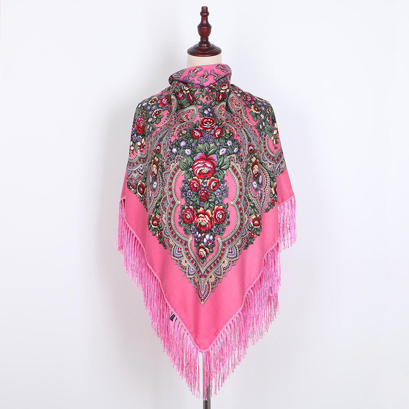 Ethnic Retro Flower Square Scarf Shawl Fringed Scarves for Women Ladies Girls