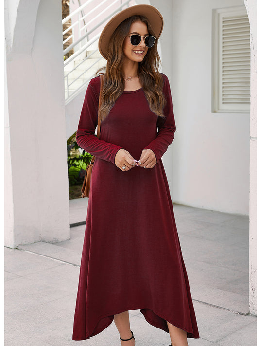 Round Collar Neck Long Sleeve Loose Maxi Dress