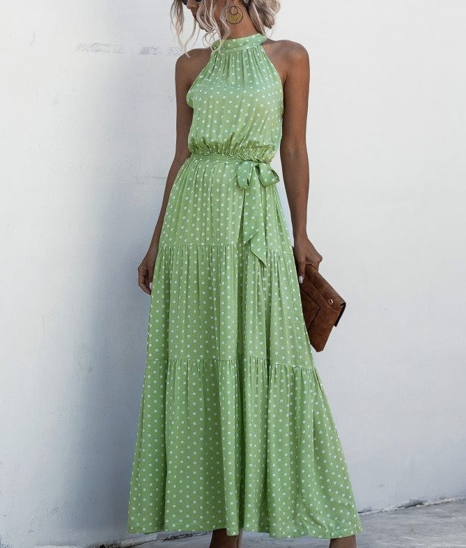 Green Wave Bohemian Boho Printed Hanging Neck Straps Maxi Dresses