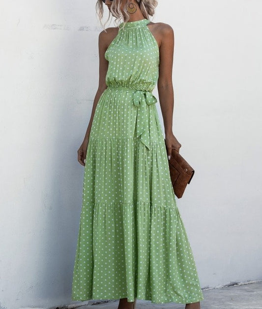 Green Wave Bohemian Boho Printed Hanging Neck Straps Maxi Dresses