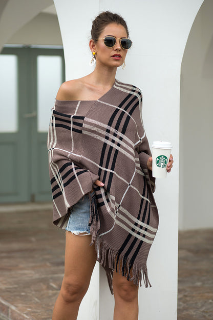 Tassel Fringed Pullover V-neck Diagonal Stripes Sweater Cloak Shawl Cape