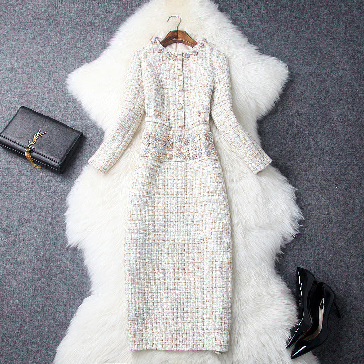 Vintage Long Sleeve Tweed Round Neck Diamond Slim Midi Bodycon Dresses
