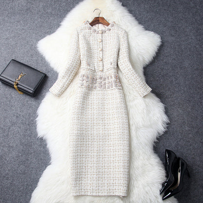 Vintage Long Sleeve Tweed Round Neck Diamond Slim Midi Bodycon Dresses