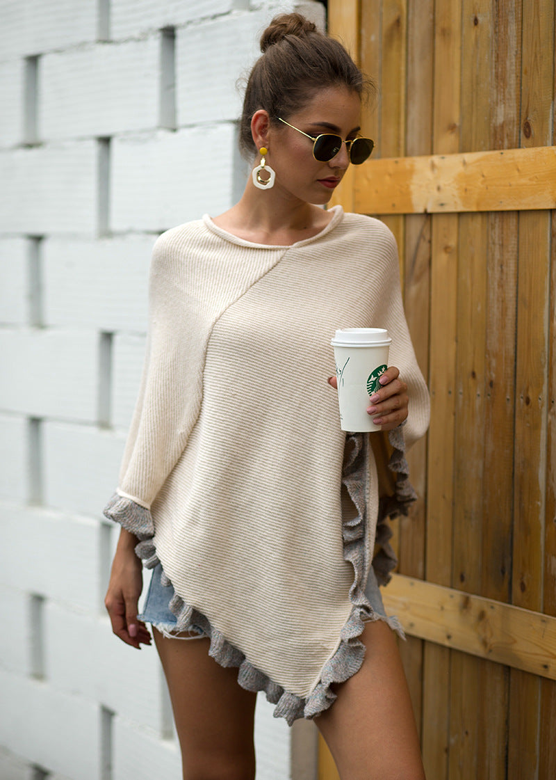 Ruffled Hem Crimped Collar Sweater Cloak Shawl Cape Cardigans