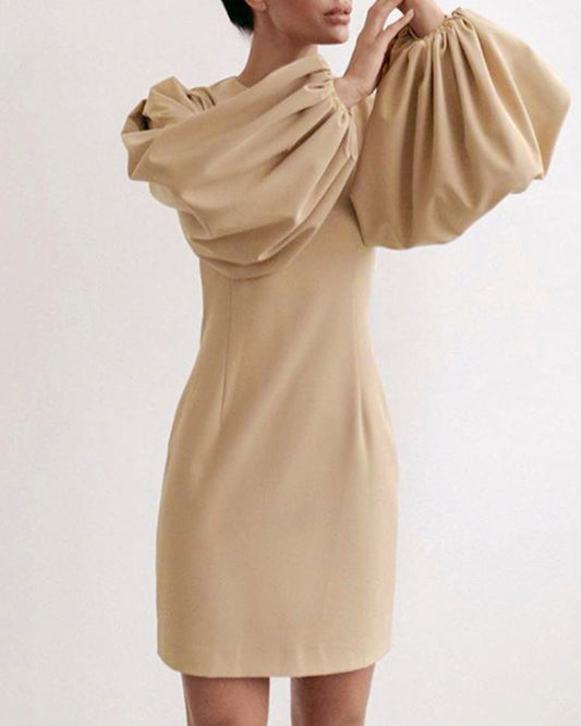 Party Zipper Lantern Sleeve Round Neck Bodycon Mini Dresses