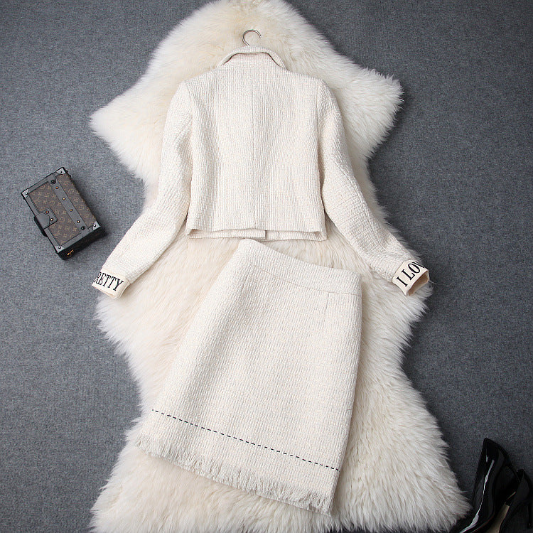 Lapel Bow Long Sleeve Short Jacket & Tweed Tassel Skirt Dress Suit
