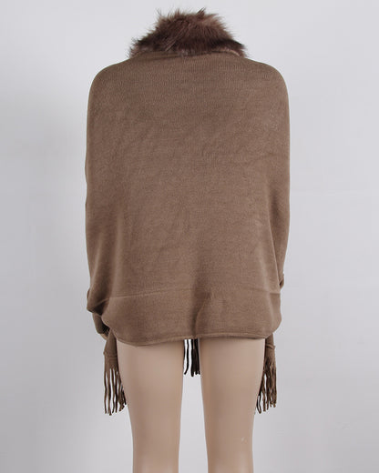 Tassel Fringed Cloak Shawl Fur Collar Sweater Cape Cardigans
