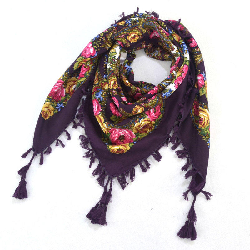 Ethnic Flower Print Square Scarf Shawl Fringed Scarves for Women Ladies Girls