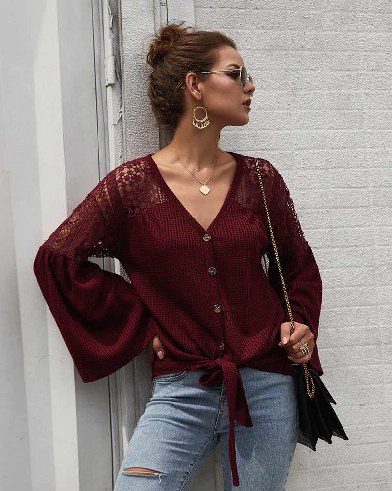 Multicolor Long Sleeve Lace Shoulder Knitting Sweater