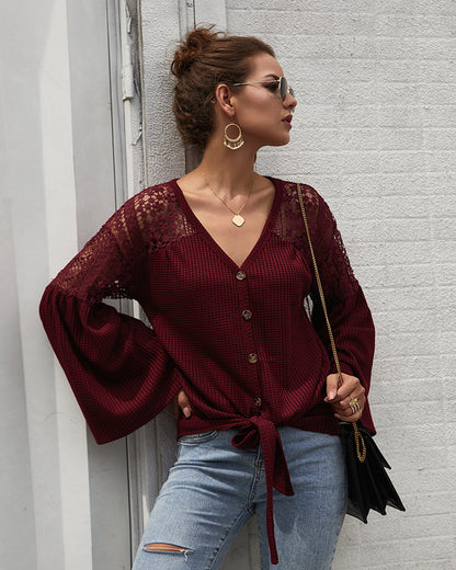 Multicolor Long Sleeve Lace Shoulder Knitting Sweater