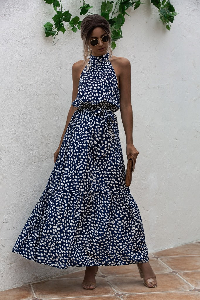 Royal Blue Wave Bohemian Boho Printed Hanging Neck Straps Maxi Dresses