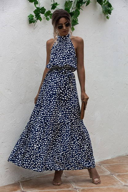 Royal Blue Wave Bohemian Boho Printed Hanging Neck Straps Maxi Dresses