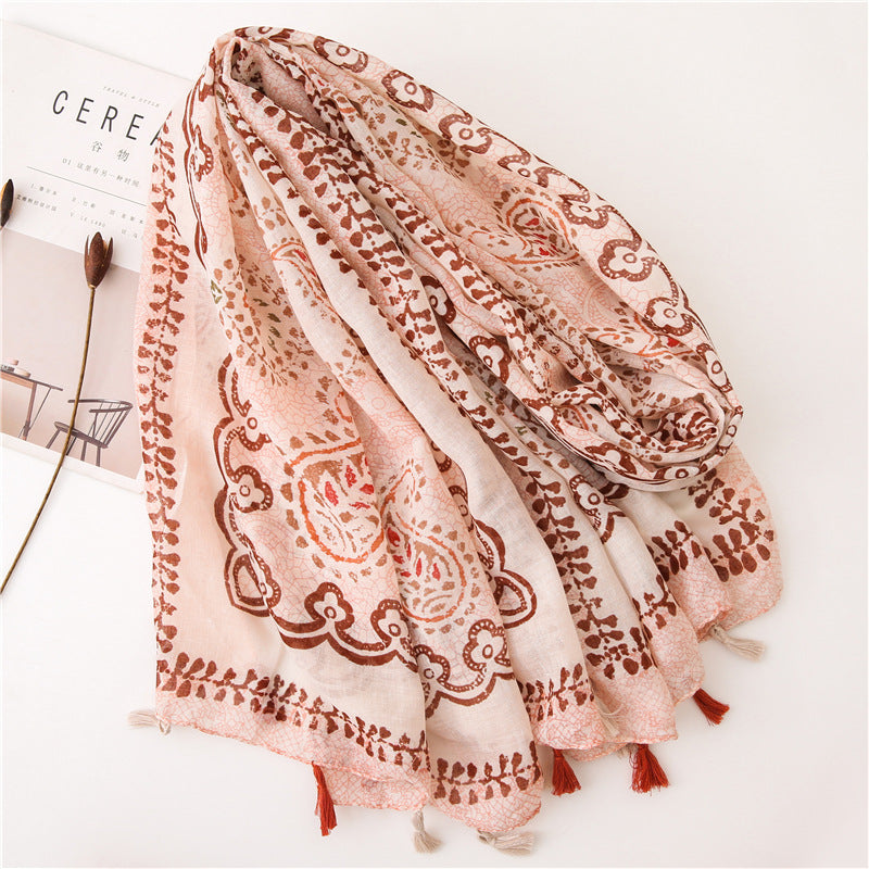 Ethnic Pink Tassel Printed Scarf Shawl for Women Ladies Girls