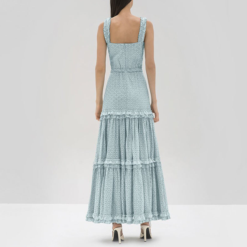 Hollow Lace Ruffle Stitching Strap Bodycon Evening Maxi Dresses