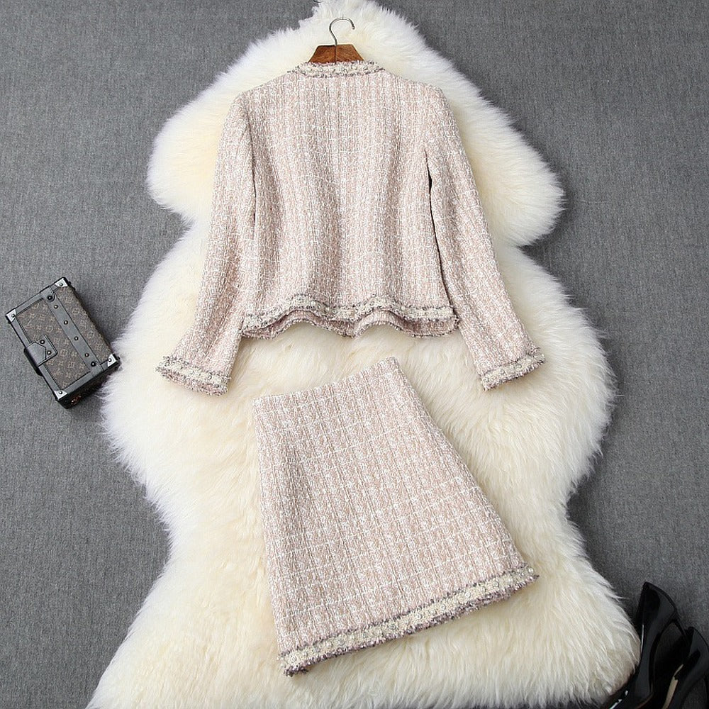 Single-breasted Tweed Blazers Mini A-line Skirt Suit Two-piece Set