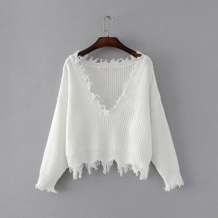 Sexy Deep V Neck Exposed Navel Irregular Edge Sweater