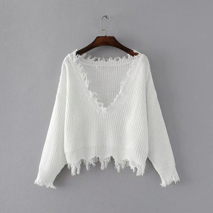 Sexy Deep V Neck Exposed Navel Irregular Edge Sweater