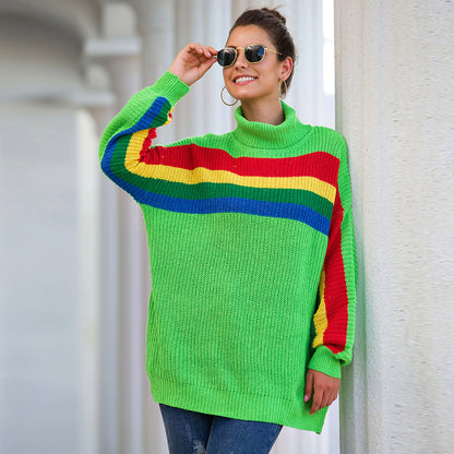 Women‘s High Collar Rainbow Stripes Knit Long Sweater