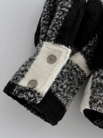 Black And White Grid Single-breasted Shirt Style Cardigan Coat