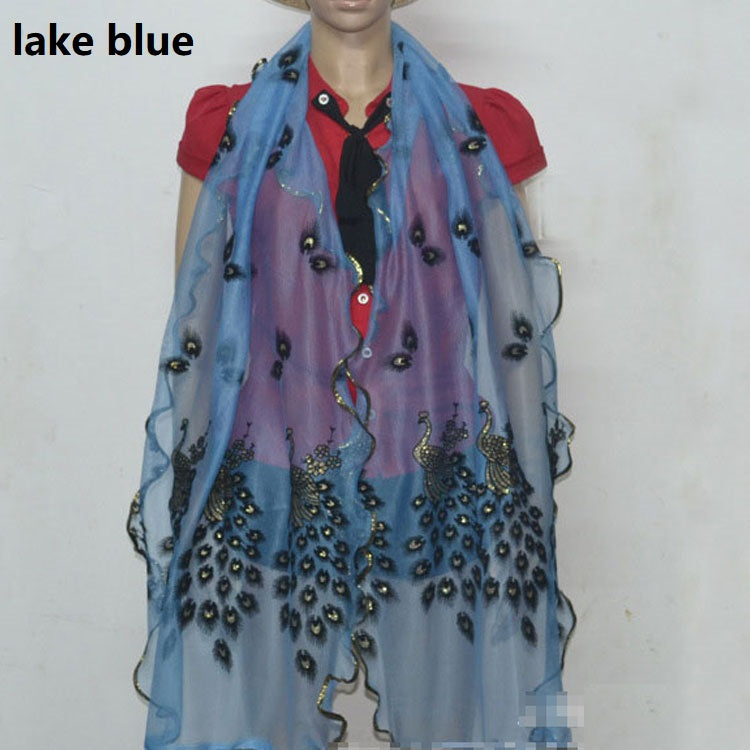 Fashion Lace Scarf Net Yarn Printing Peacock Stitching Flocking Phoenix Scarf for Women Ladies Girls