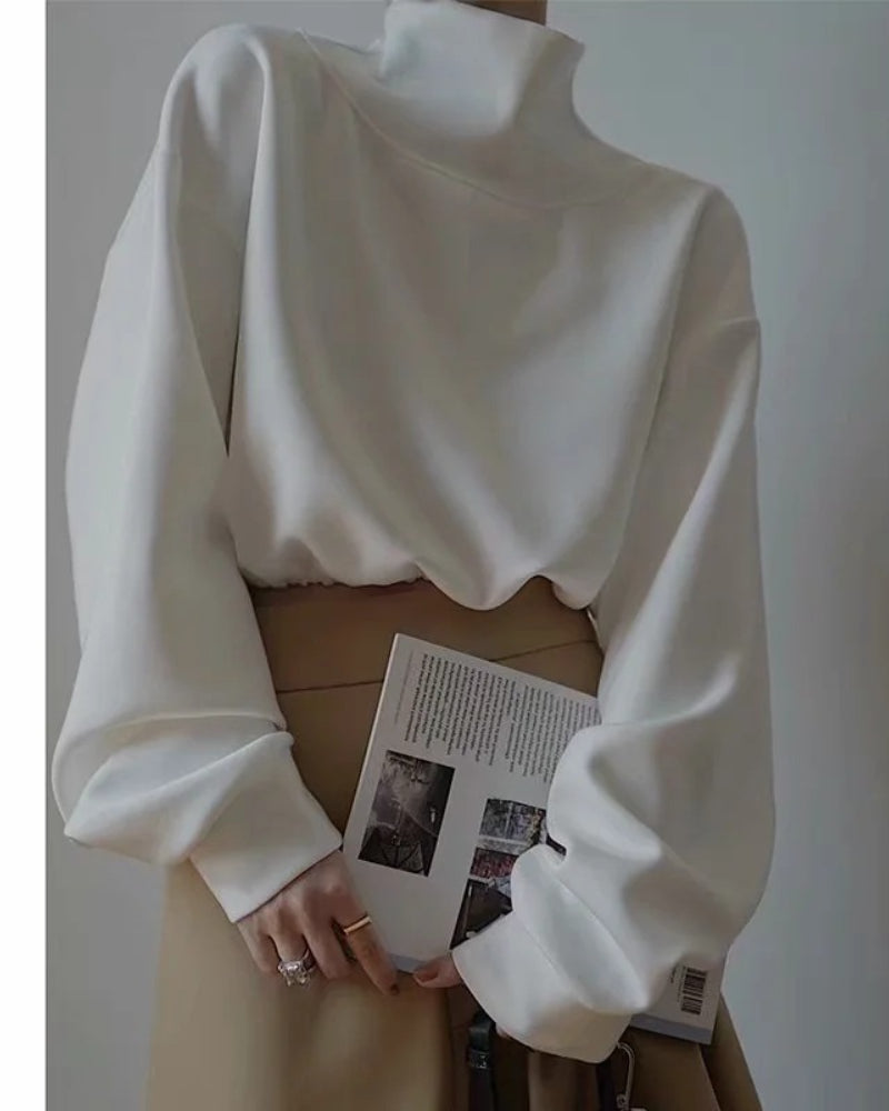 Half High Collar Elastic Waist Shirred Frill Sweatshirts