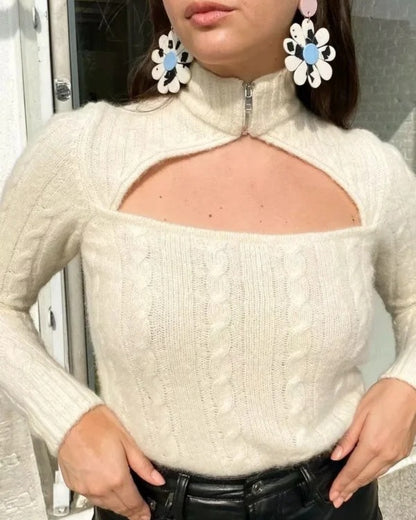 Hollow-out Knit High Collar Sweaters Shirts