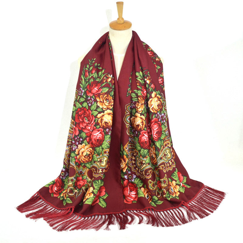 Ethnic Retro Flower Long Scarf Shawl Fringed Scarves for Women Ladies Girls