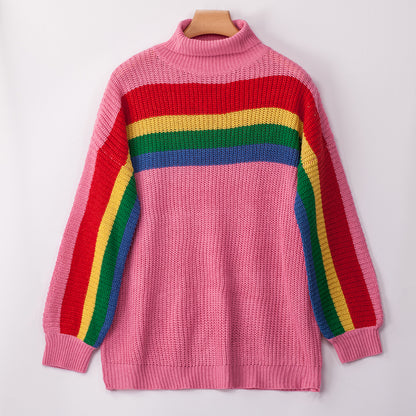 Women‘s High Collar Rainbow Stripes Knit Long Sweater