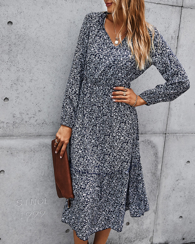 Floral V-neck Ruffles Elastic Waist Midi Dresses