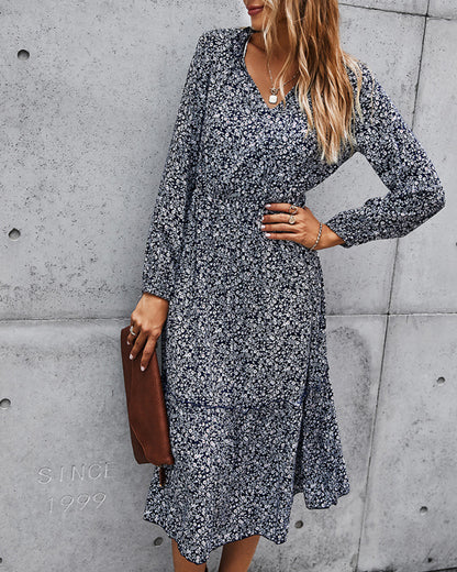 Floral V-neck Ruffles Elastic Waist Midi Dresses