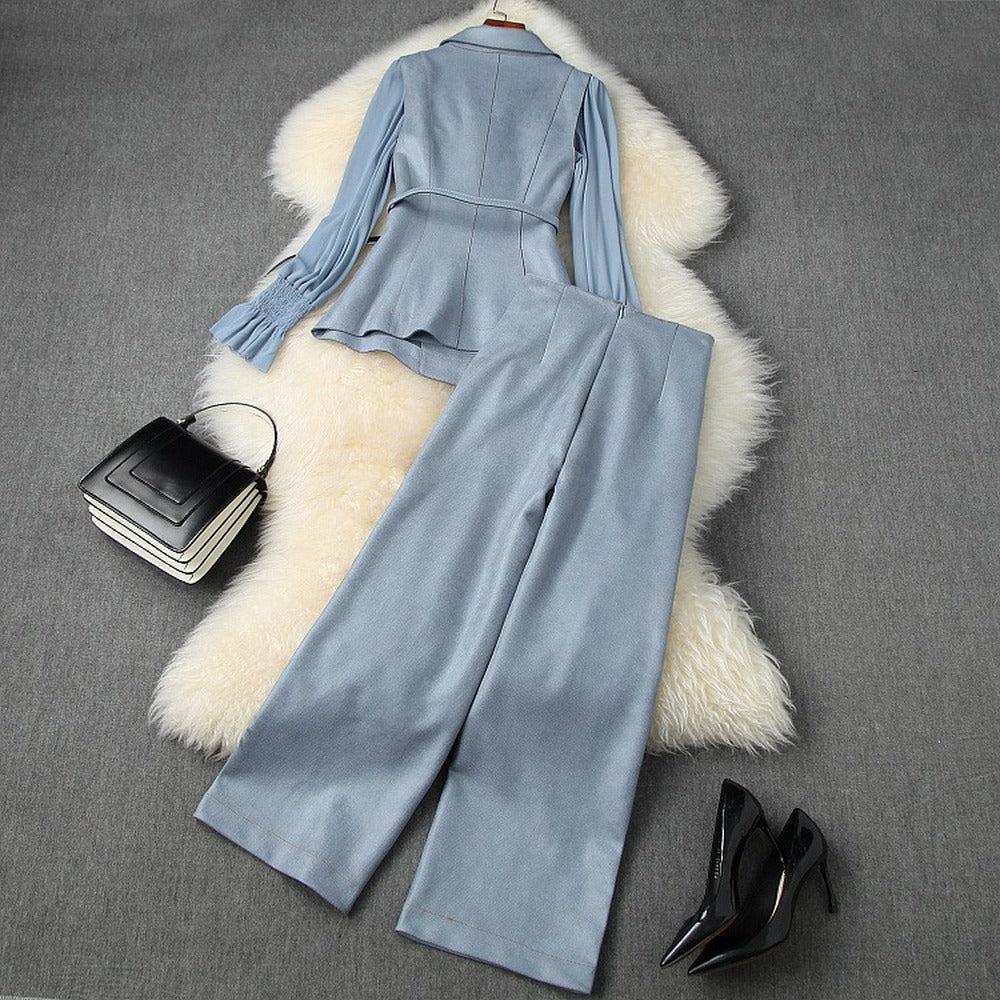 Belt Blazers Vest Net Yarn Tops Wide Leg Pants Three-piece Set