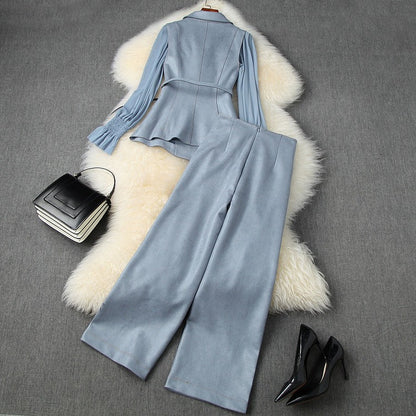 Belt Blazers Vest Net Yarn Tops Wide Leg Pants Three-piece Set