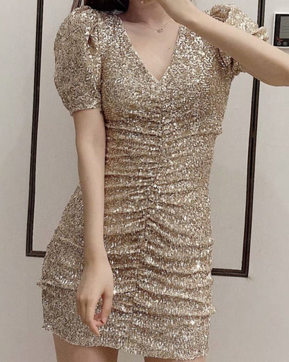 Sequins V-neck Pleated Elastic Waist Mini Dresses