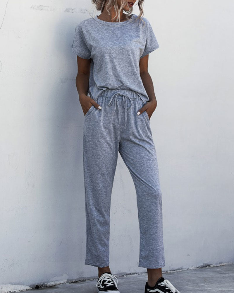 Round Collar Lace-up Short Sleeve Casual Two-piece Sport Set Home Workout Fitness S to XXXL Plus