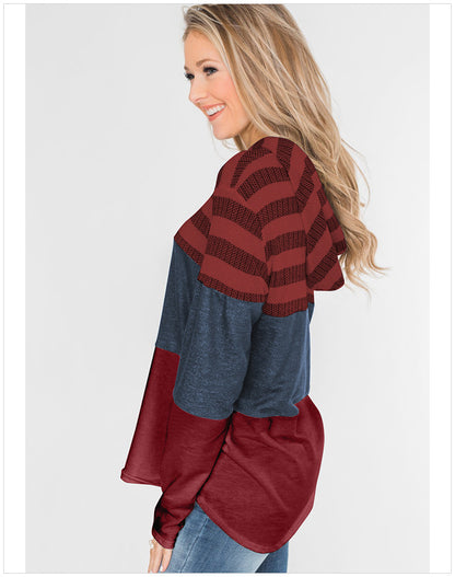 Women Contrast Color Loose Long Sleeve Hooded Hoodie Sweater