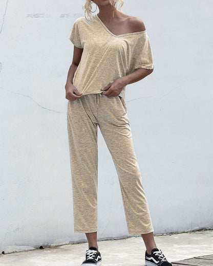 Lace-up Short Sleeve Two-piece One Shoulder Loungewear With Pocket