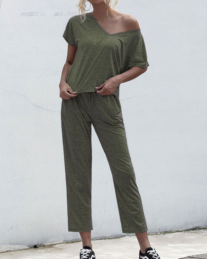 Lace-up Short Sleeve Two-piece One Shoulder Loungewear With Pocket
