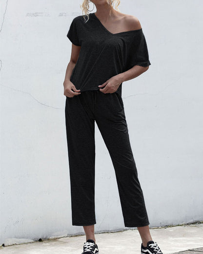 Lace-up Short Sleeve Two-piece One Shoulder Loungewear With Pocket