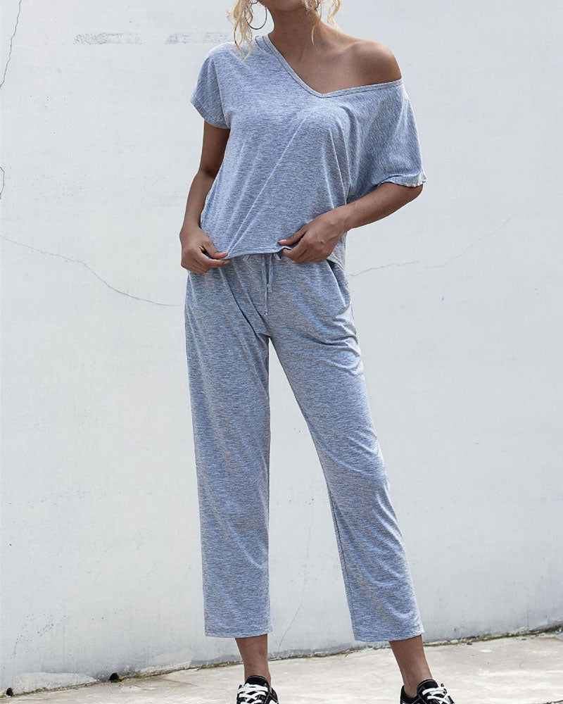 Lace-up Short Sleeve Two-piece One Shoulder Loungewear With Pocket