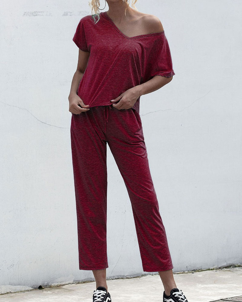 Lace-up Short Sleeve Two-piece One Shoulder Loungewear With Pocket